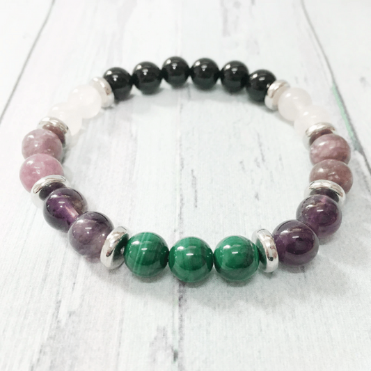 Bracelet en Tourmaline, Malachite, Améthyste et Quartz Rose