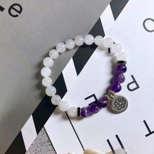 Bracelet Lotus en Calcédoine Blanche et Améthyste