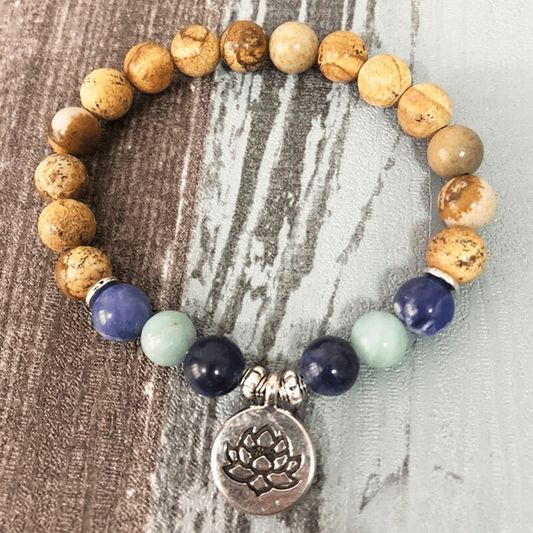 Bracelet Lotus en Jaspe Paysage, Aigue Marine et Sodalite