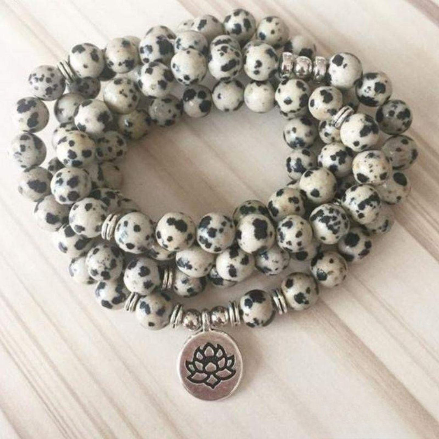 Dalmatian Jasper Mala Lotus Bracelet