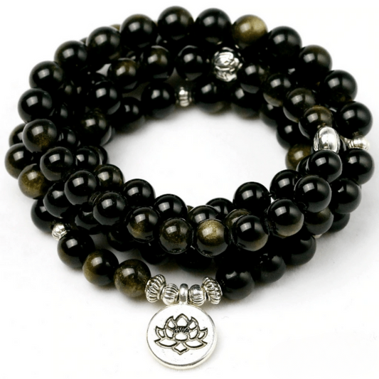 Bracelet Mala 108 Perles en Obsidienne Dorée