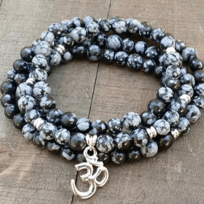 Bracelet Mala 108 Perles en Obsidienne Neige