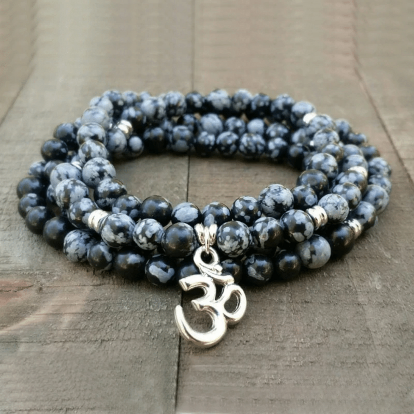 Bracelet Mala 108 Perles en Obsidienne Neige