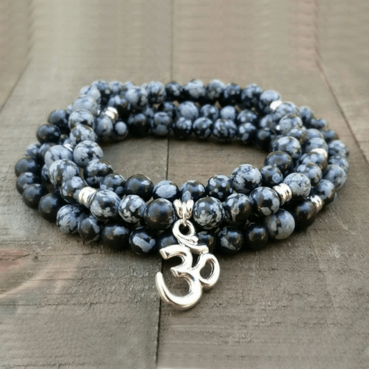 Bracelet Mala 108 Perles en Obsidienne Neige
