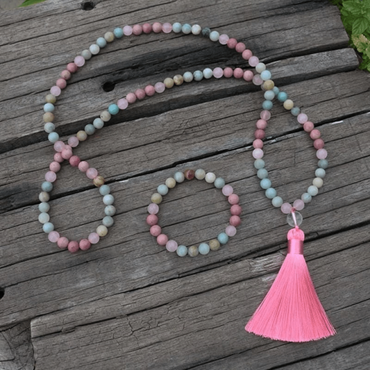 Bracelet Mala en Amazonite, Rhodonite et Quartz Rose