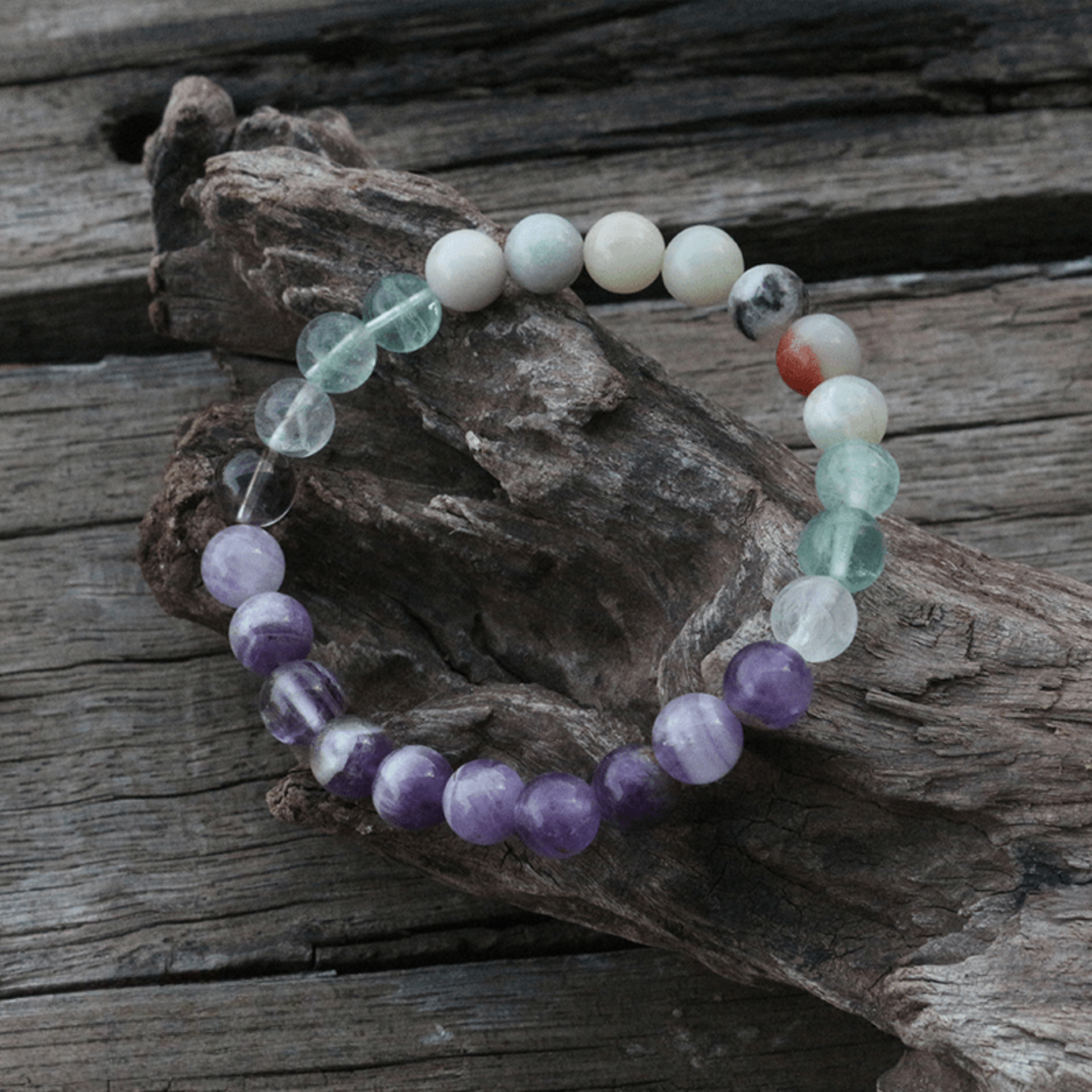 Bracelet Mala en Améthyste, Fluorite et Amazonite