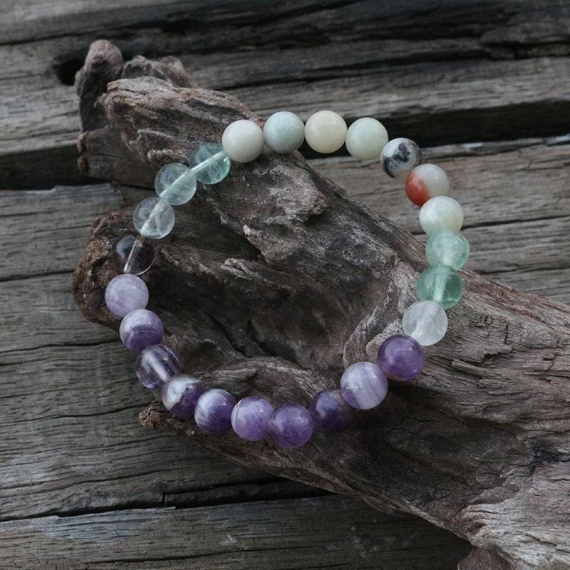 Bracelet Mala en Améthyste, Fluorite et Amazonite