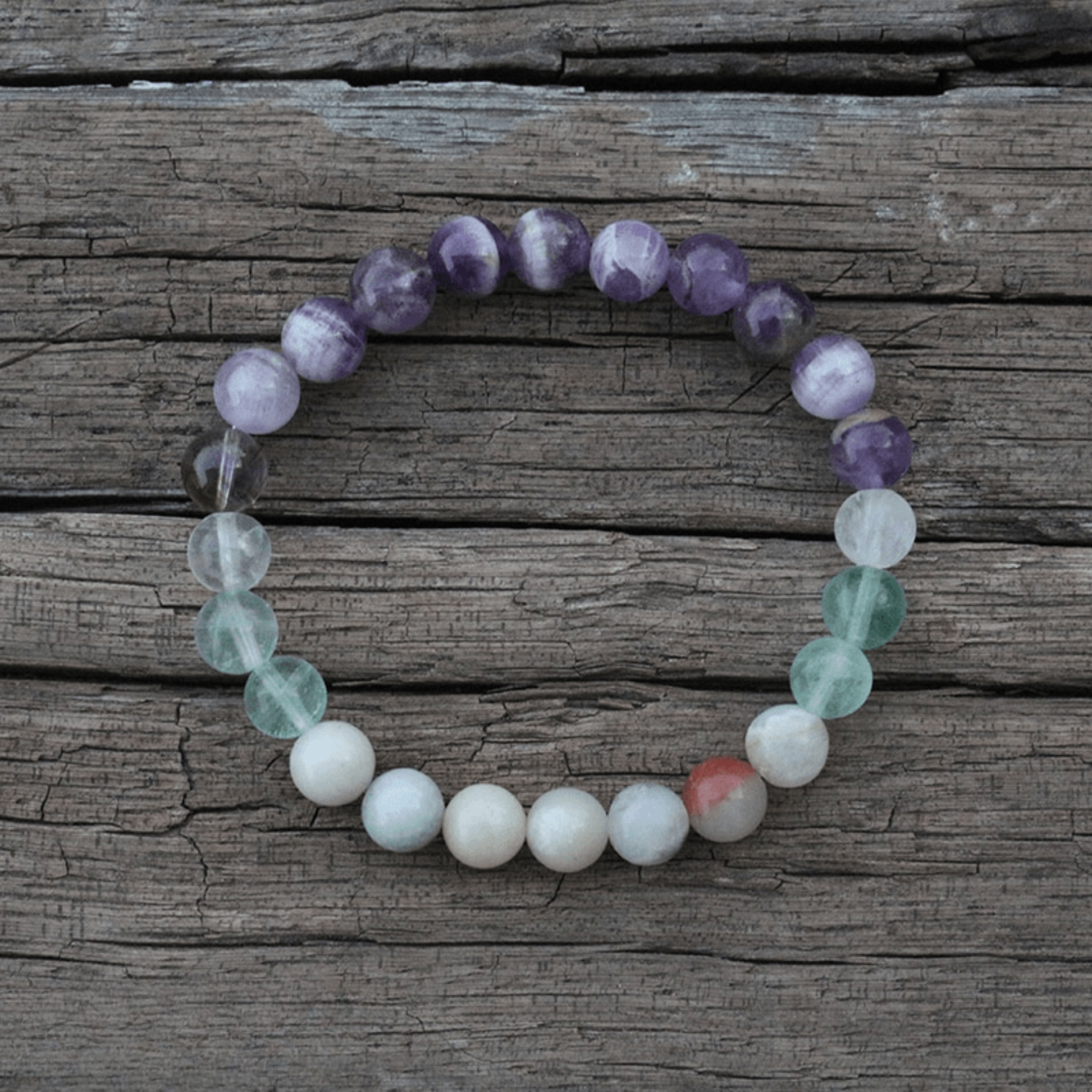 Bracelet Mala en Améthyste, Fluorite et Amazonite