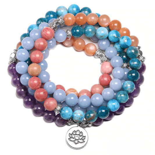 Bracelet Mala en Angélite, Apatite, Pierre de Soleil, Rhodonite et Améthyste