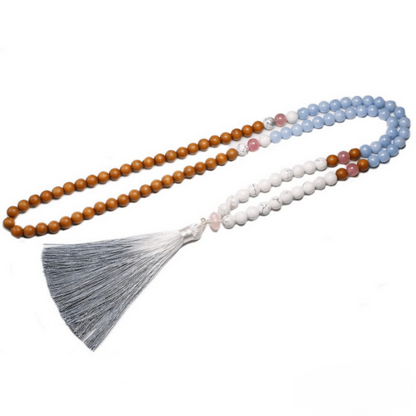 Bracelet Mala en Angélite, Howlite, Quartz Rose et Bois de Santal