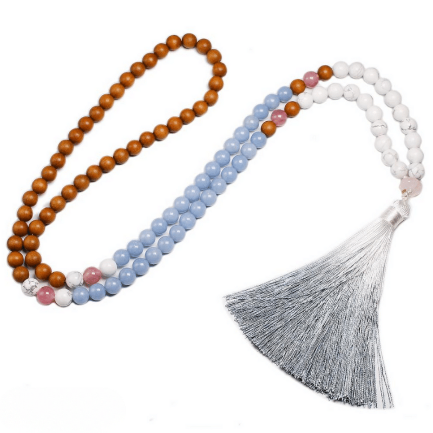 Bracelet Mala en Angélite, Howlite, Quartz Rose et Bois de Santal