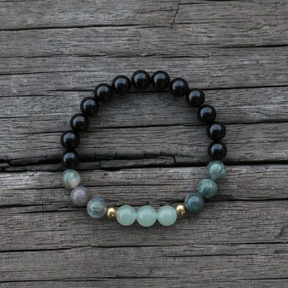 Bracelet Mala en Onyx Noir, Aventurine et Agate Indienne