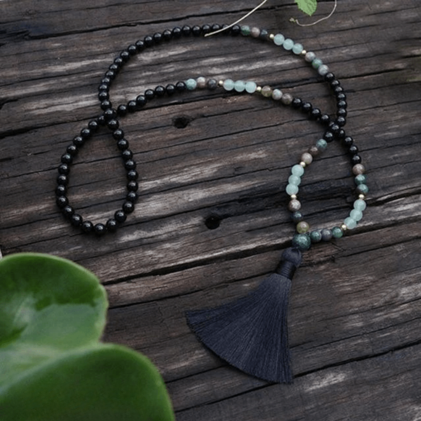 Bracelet Mala en Onyx Noir, Aventurine et Agate Indienne