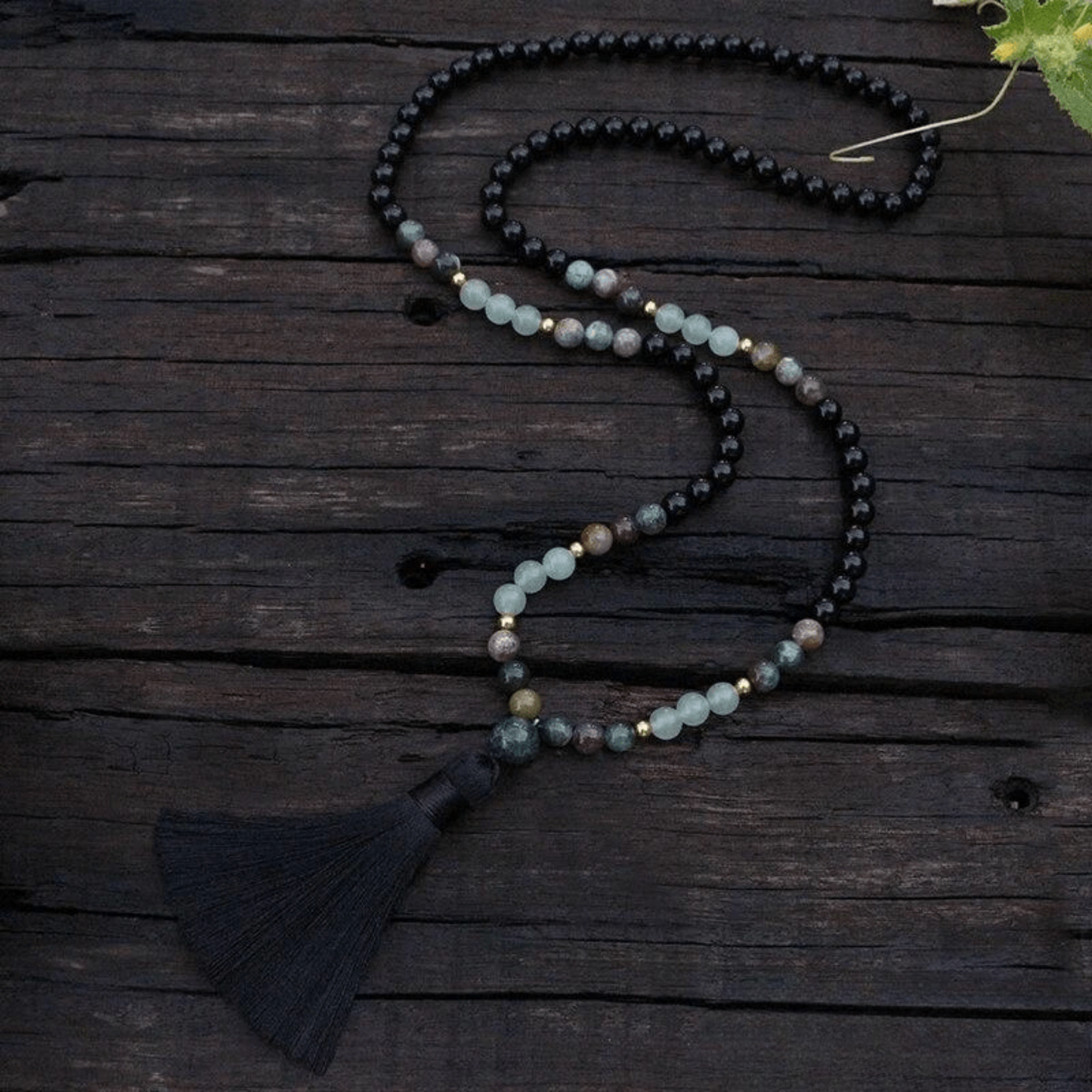 Bracelet Mala en Onyx Noir, Aventurine et Agate Indienne