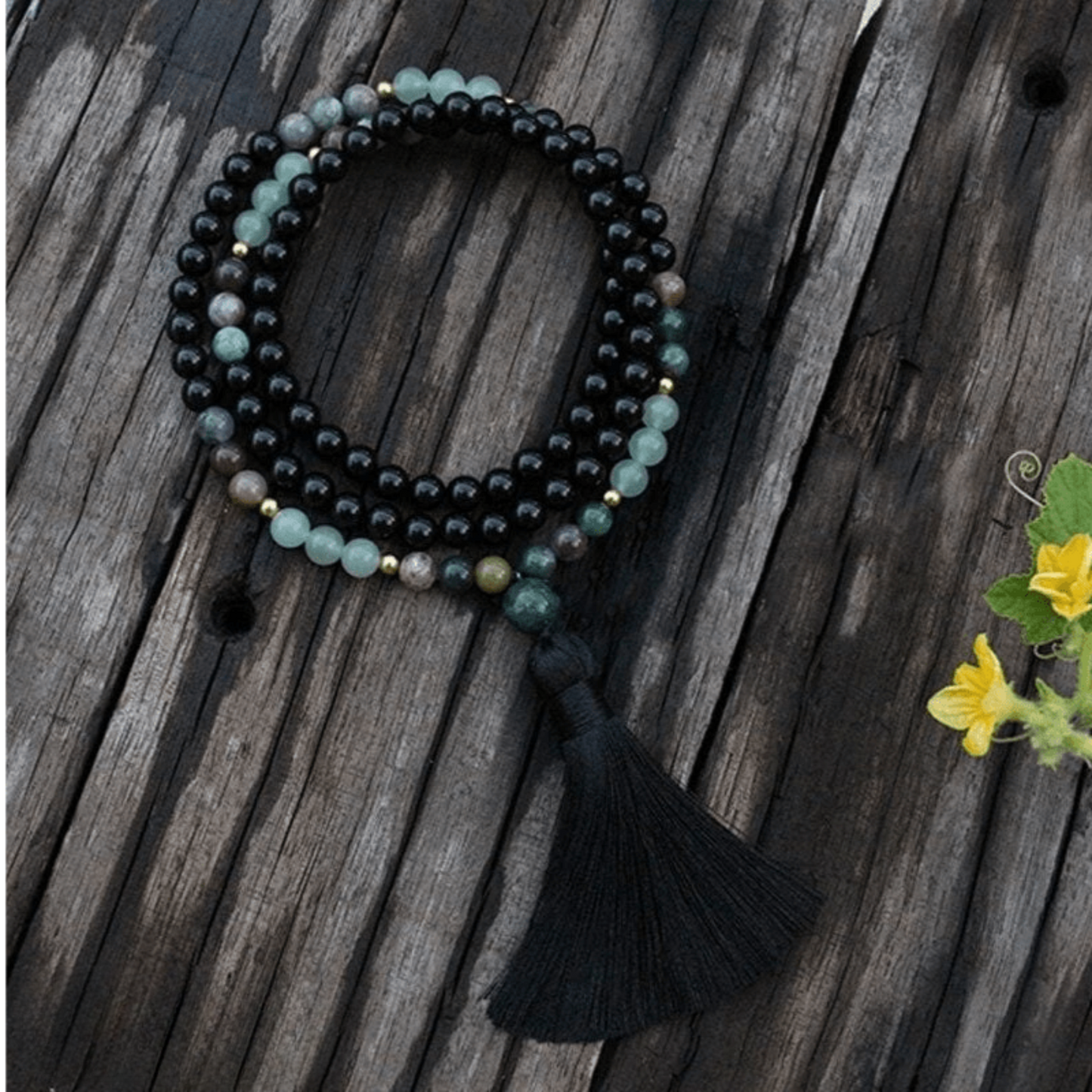 Bracelet Mala en Onyx Noir, Aventurine et Agate Indienne