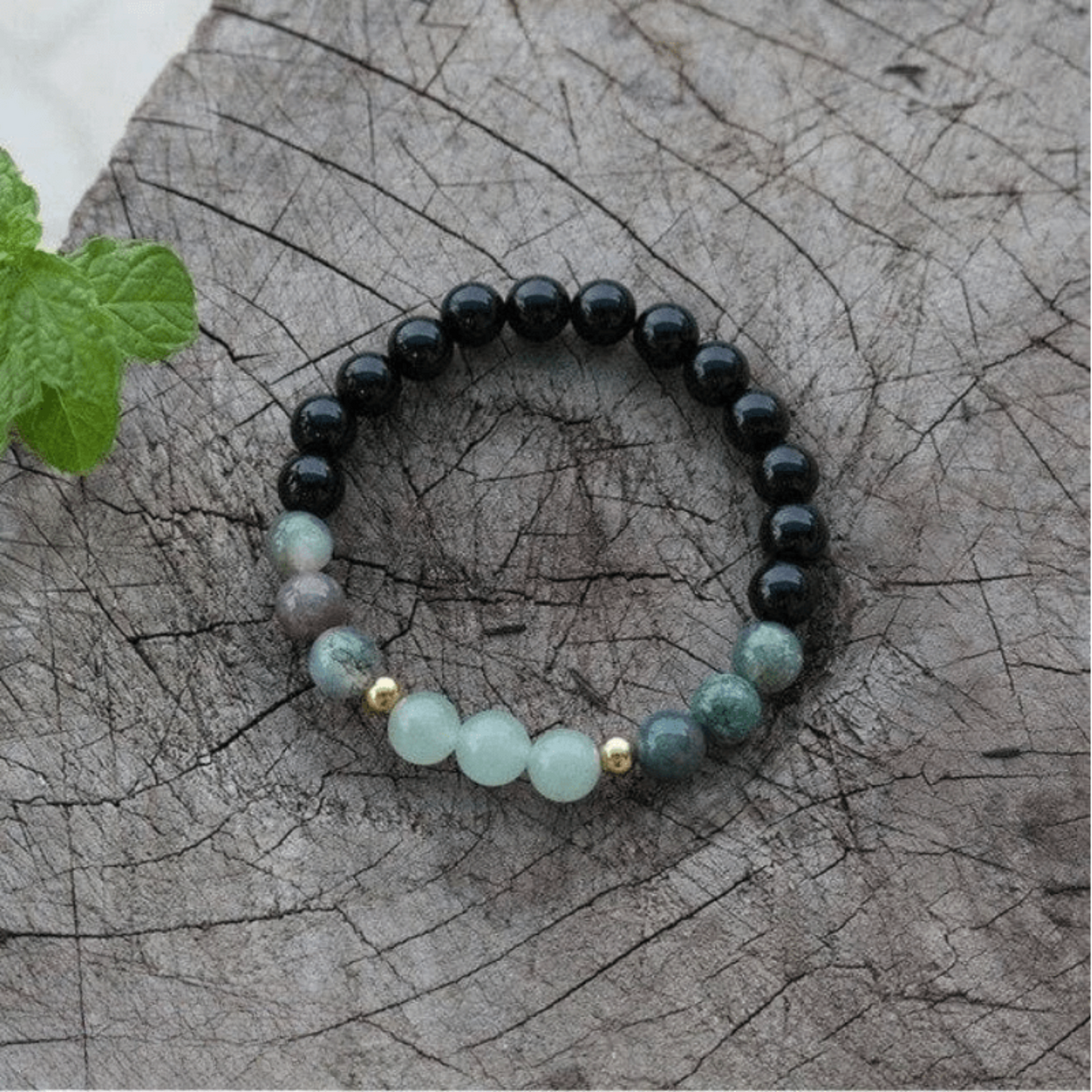 Bracelet Mala en Onyx Noir, Aventurine et Agate Indienne