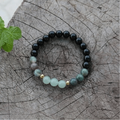 Bracelet Mala en Onyx Noir, Aventurine et Agate Indienne
