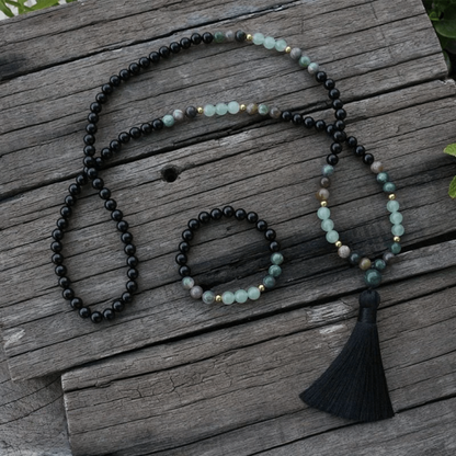 Bracelet Mala en Onyx Noir, Aventurine et Agate Indienne