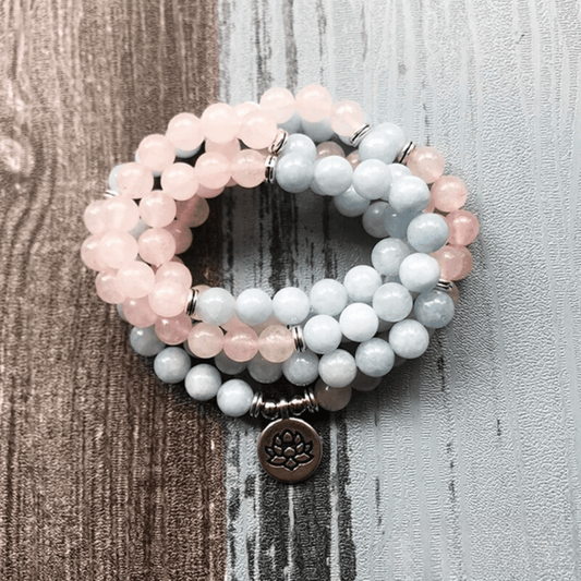 Bracelet Mala en Quartz Rose et Aigue Marine