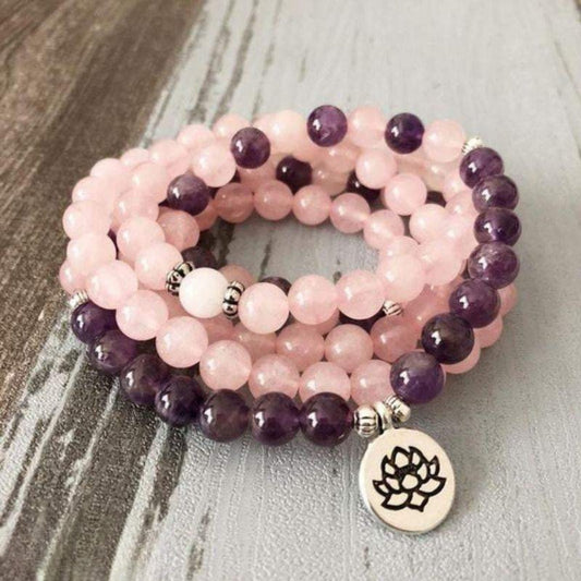 Bracelet Mala Lotus 108 Perles en Améthyste et Quartz Rose