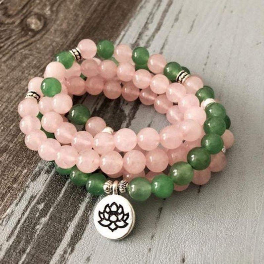 Bracelet Mala Lotus 108 Perles en Quartz Rose et Aventurine Verte