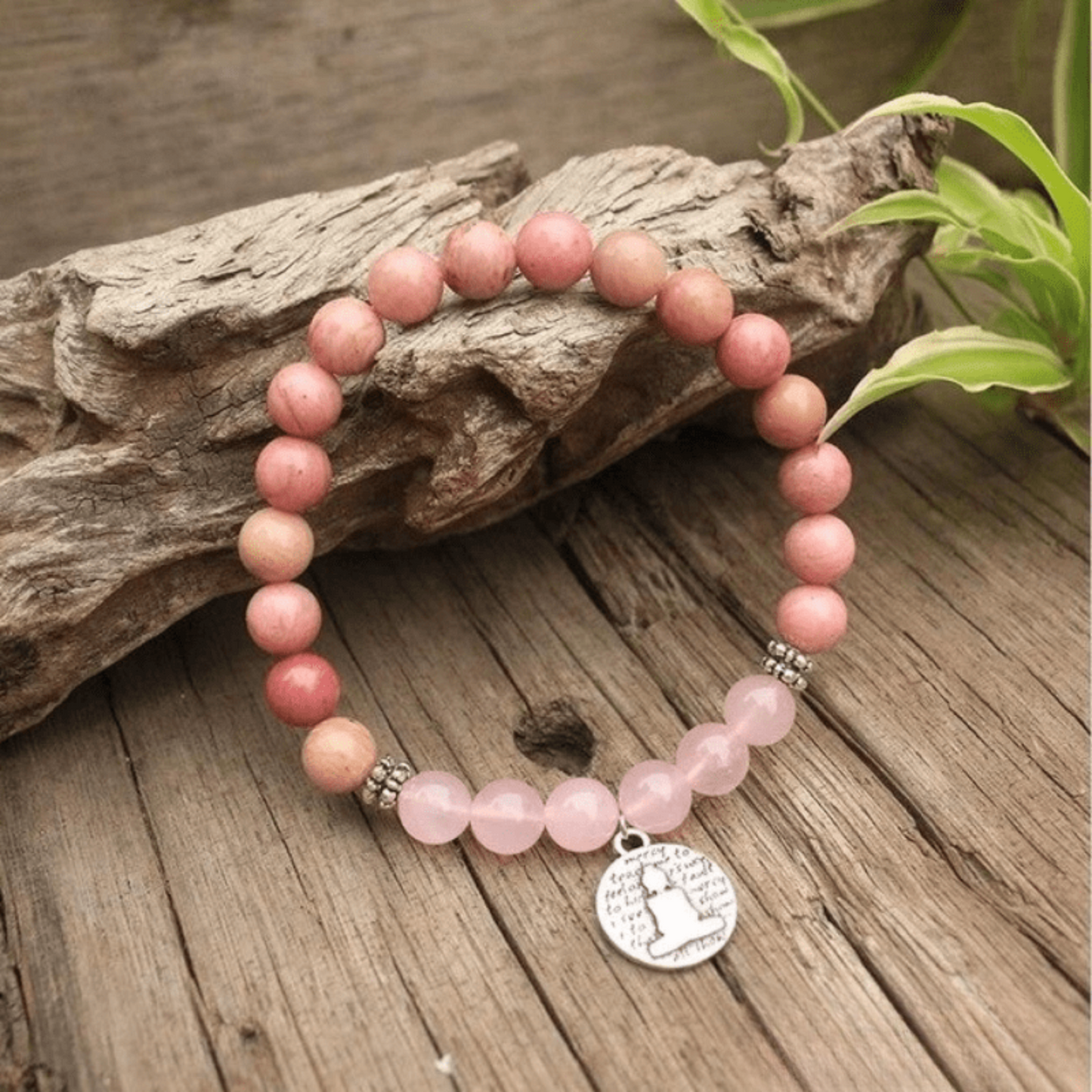 Tibetan Mala Bracelet in Rhodonite and Rose Quartz