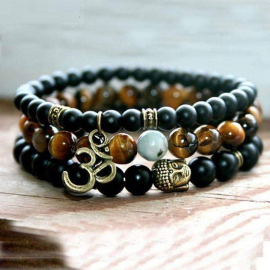 Buddha OM bracelets in matte black onyx and tiger eye