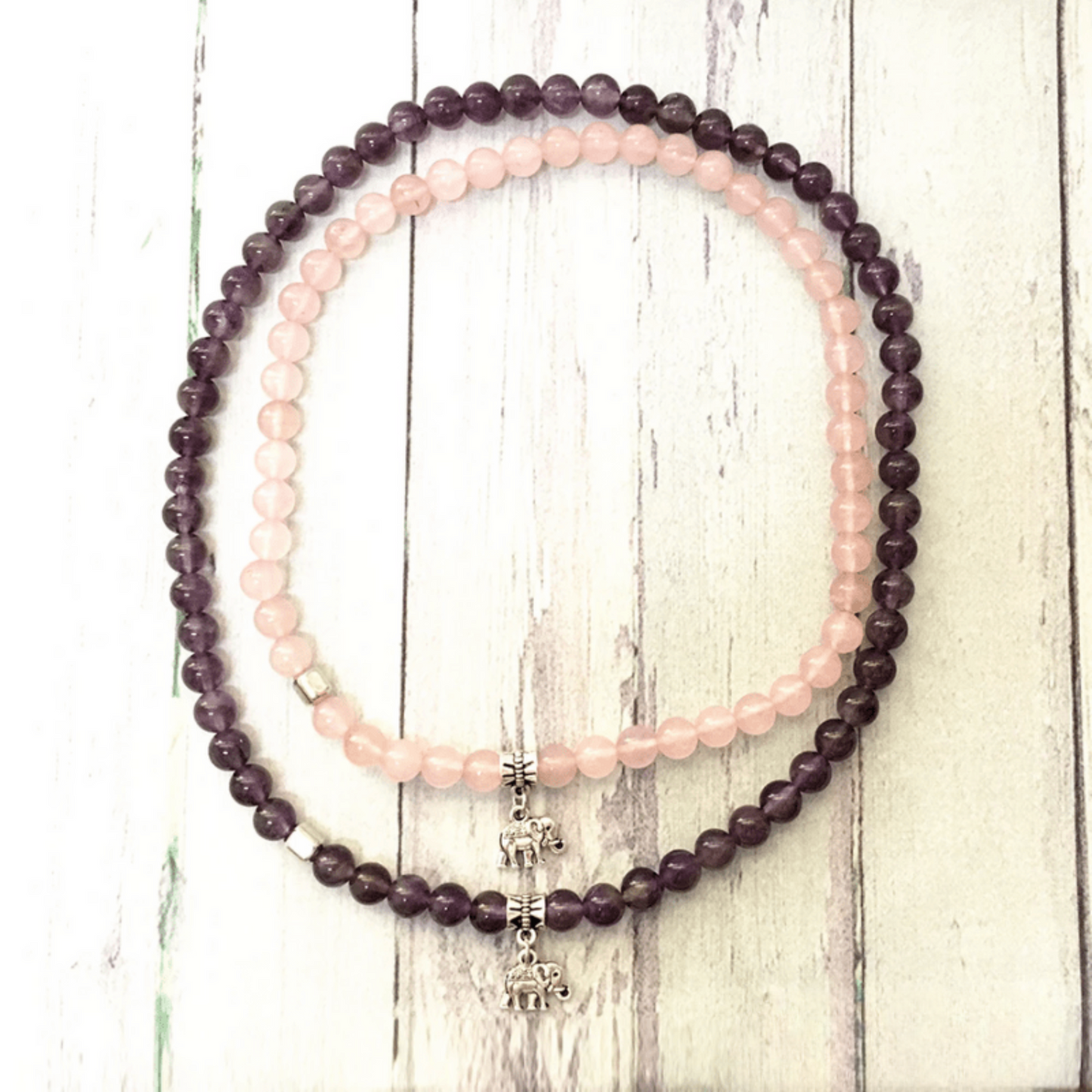 Set of 2 elephant bracelets in rose quartz and amethyst