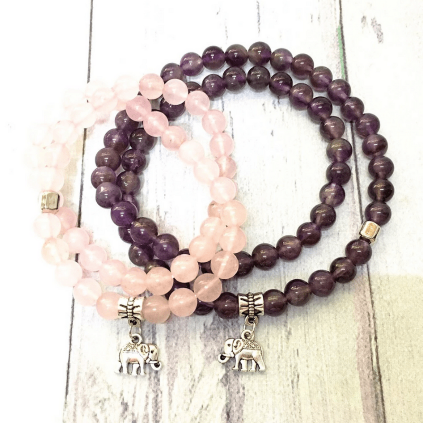 Set of 2 elephant bracelets in rose quartz and amethyst