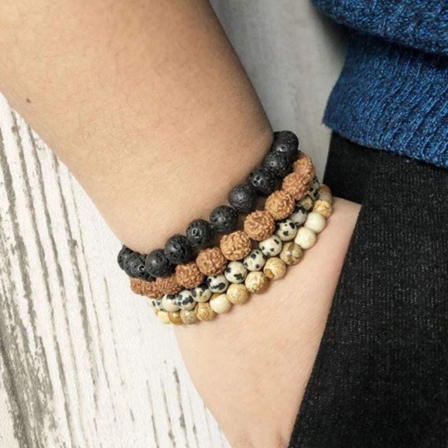 Set of 4 bracelets with lava stone, rudraksha and jasper