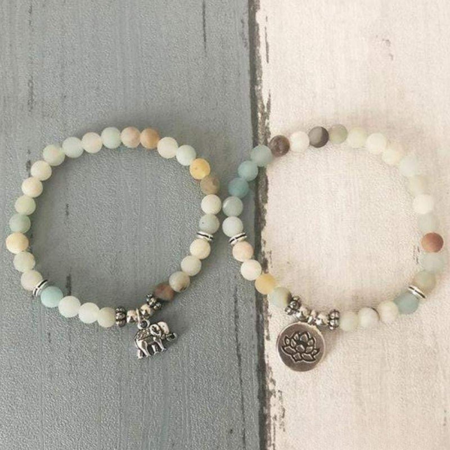 Lotus and elephant bracelets in amazonite 6mm