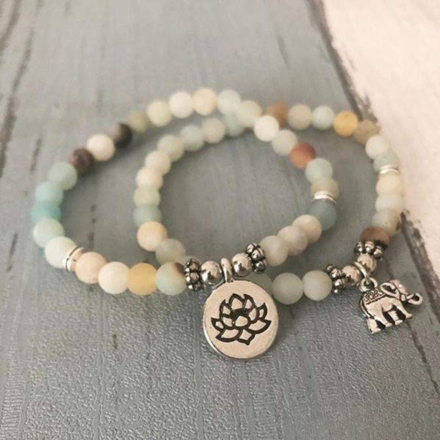 Lotus and elephant bracelets in amazonite 6mm