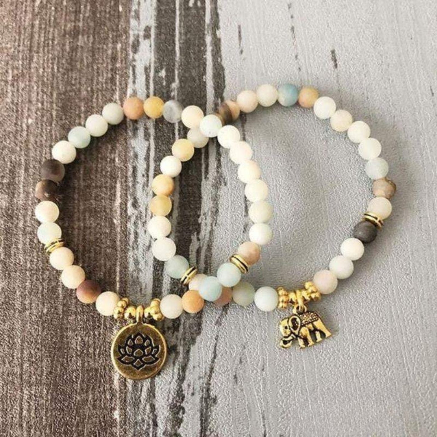 Lotus and elephant bracelets in amazonite 6mm