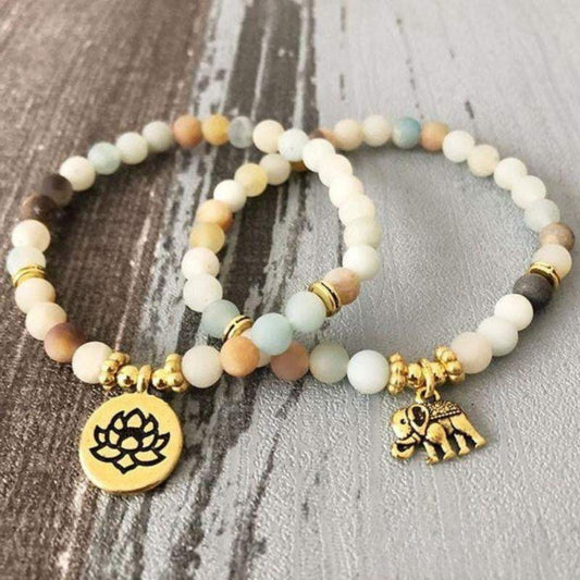 Lotus and elephant bracelets in amazonite 6mm