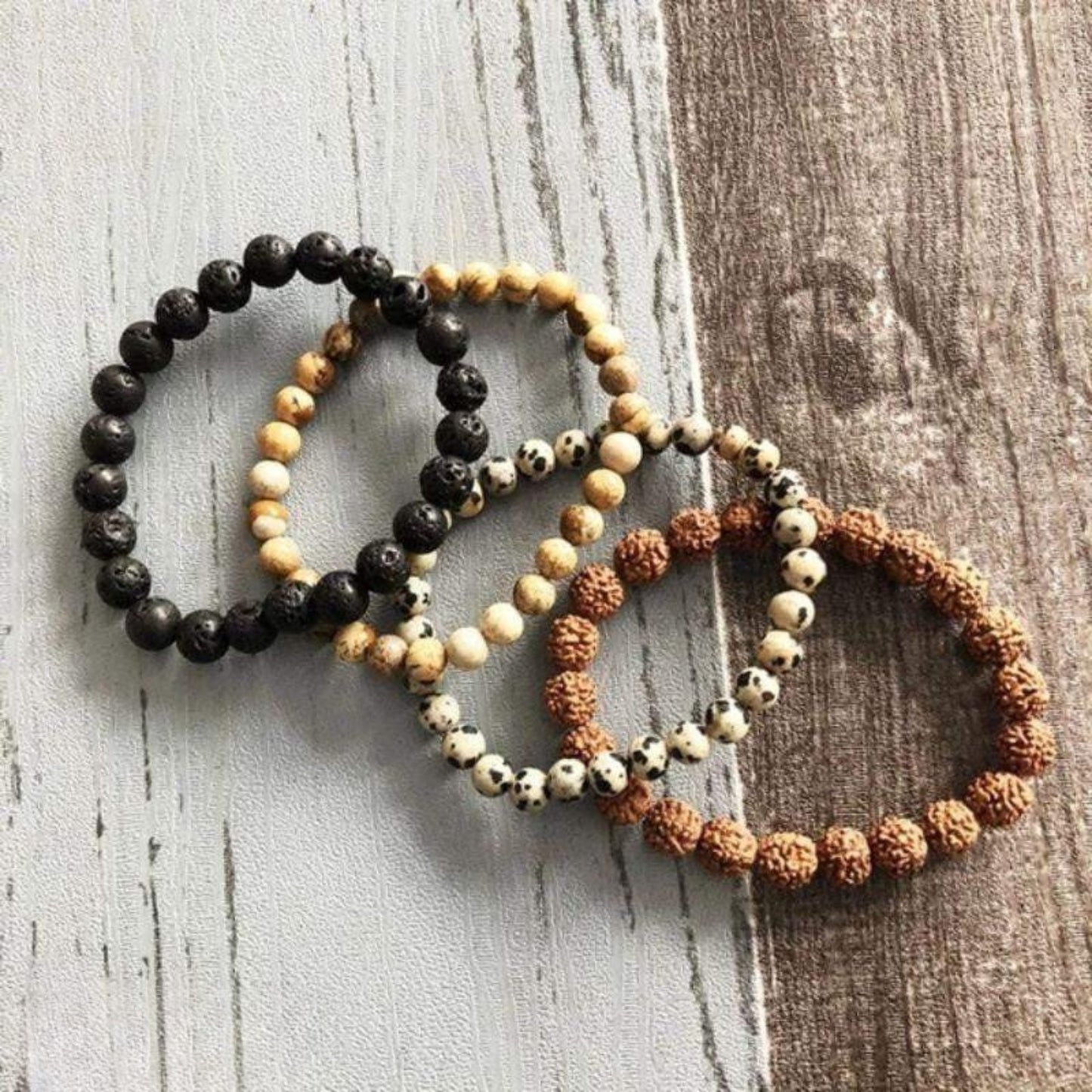 Set of 4 bracelets with lava stone, rudraksha and jasper