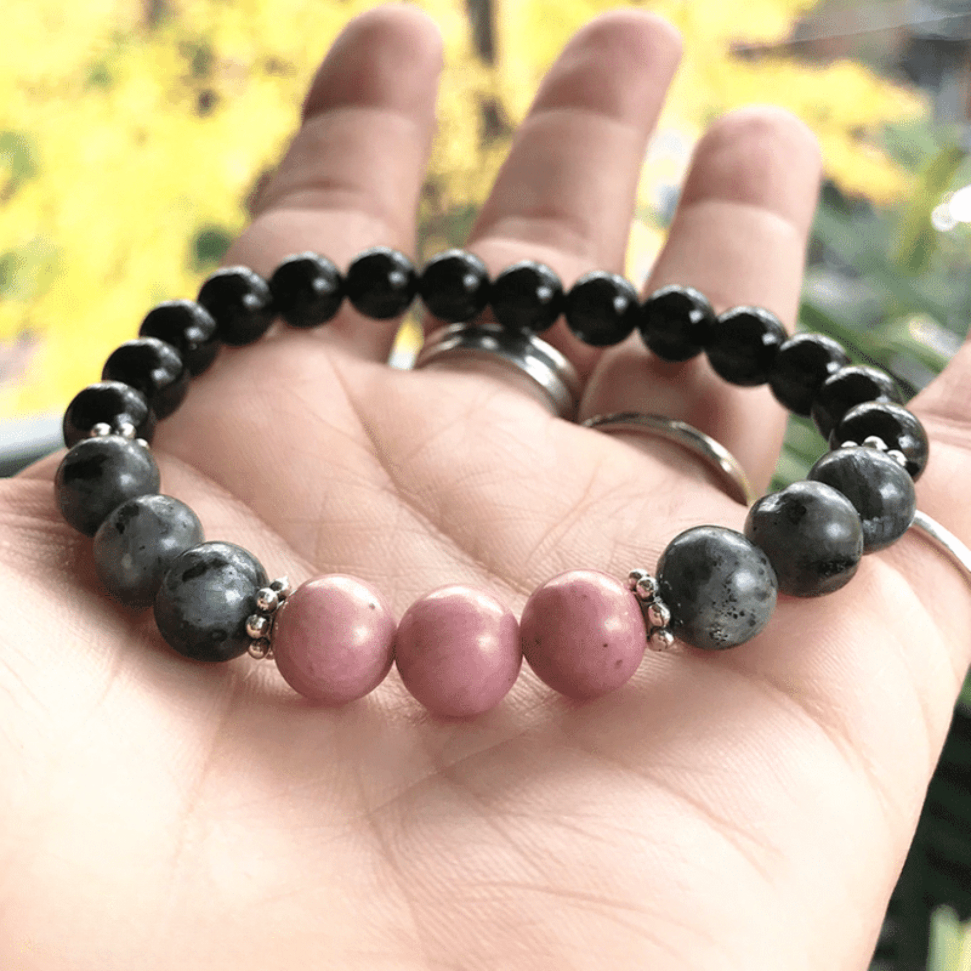 Larvikite, tourmaline and rhodonite bracelet
