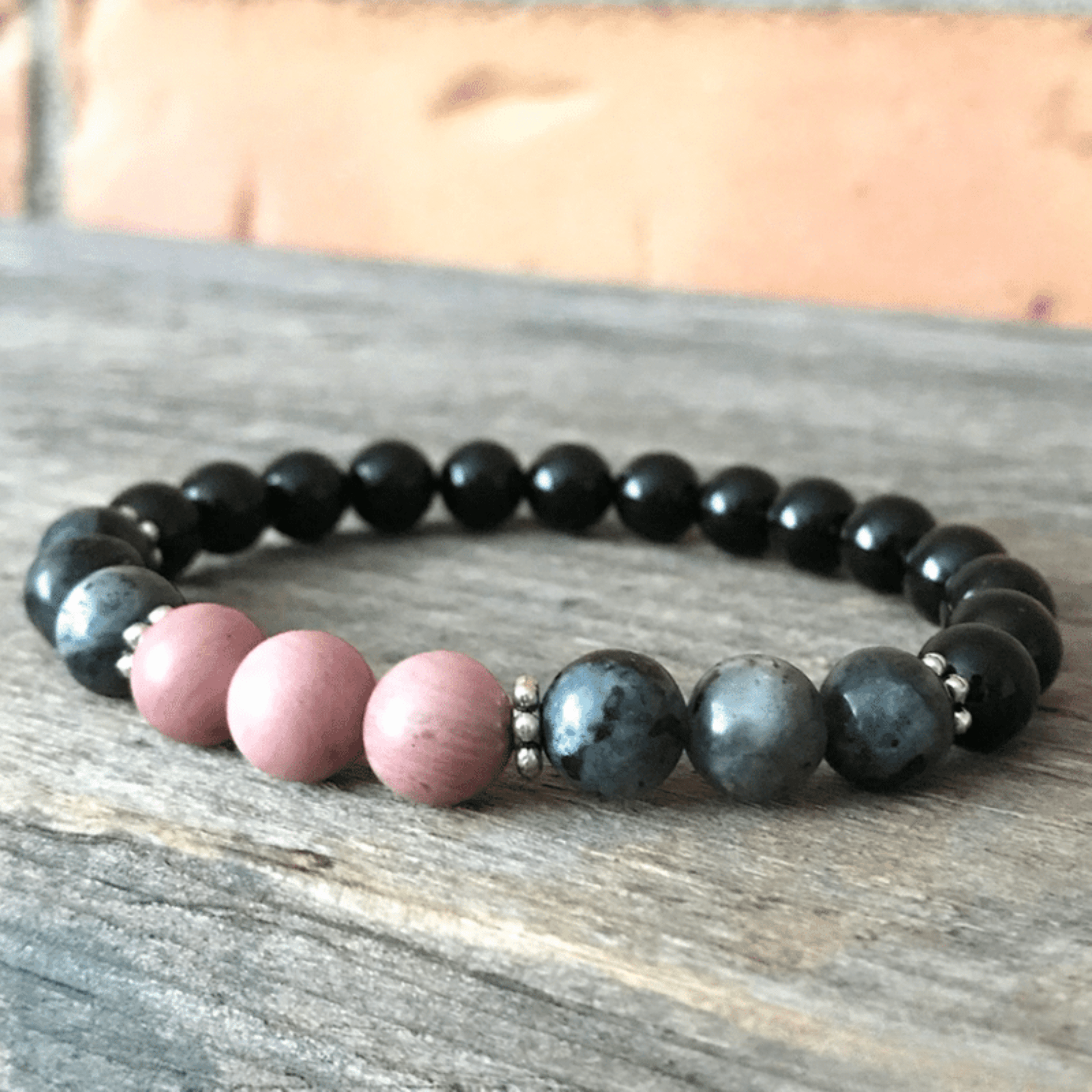 Larvikite, tourmaline and rhodonite bracelet
