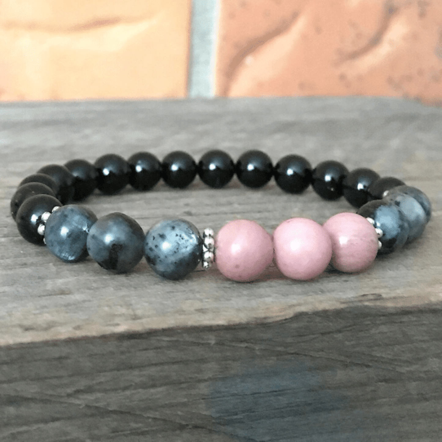 Larvikite, tourmaline and rhodonite bracelet