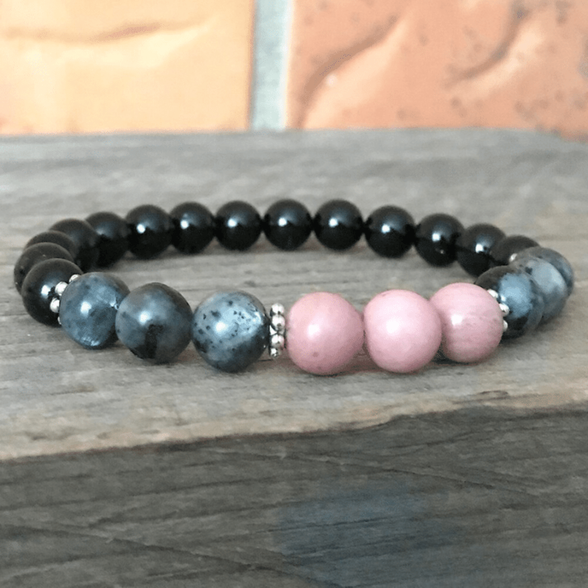 Larvikite, tourmaline and rhodonite bracelet