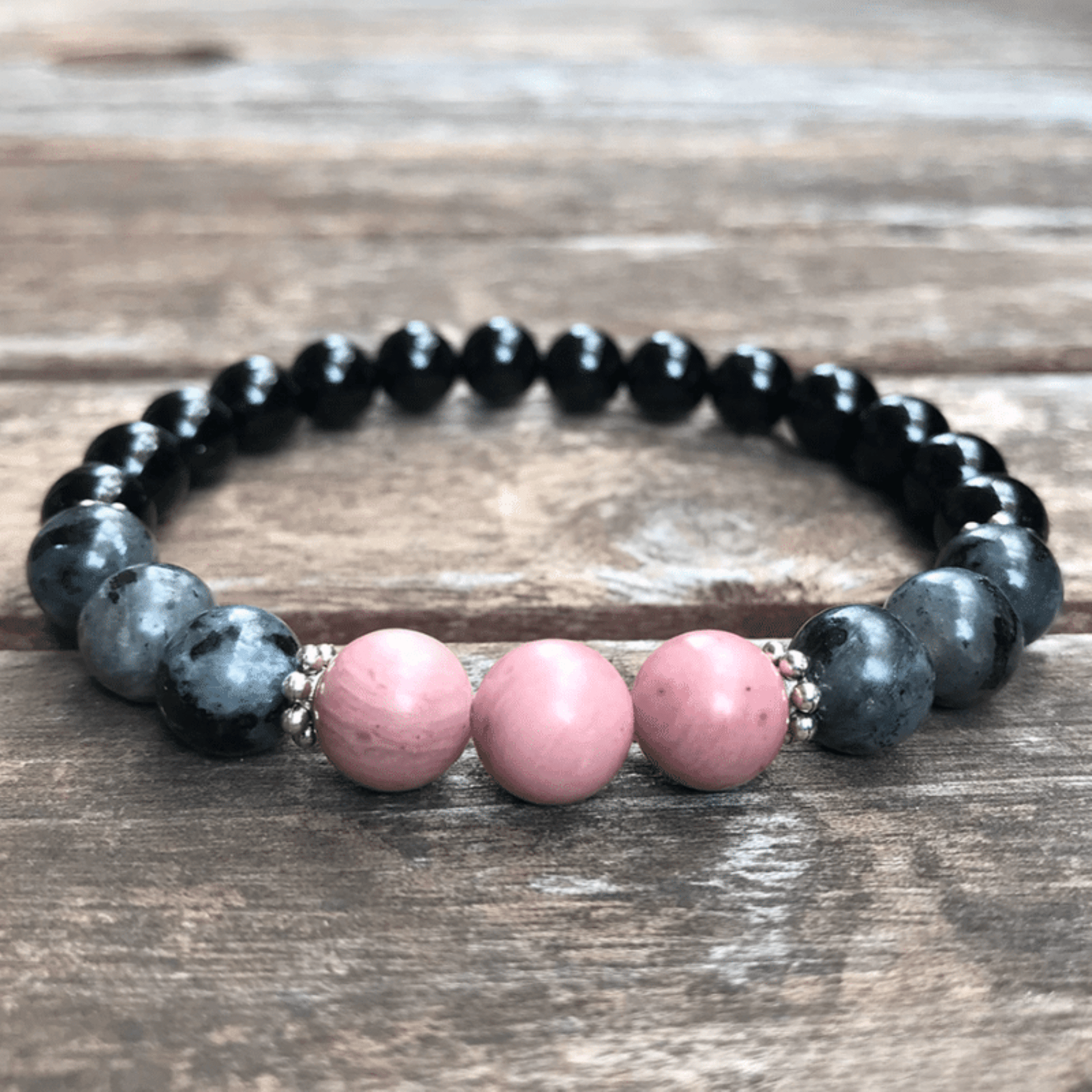 Larvikite, tourmaline and rhodonite bracelet