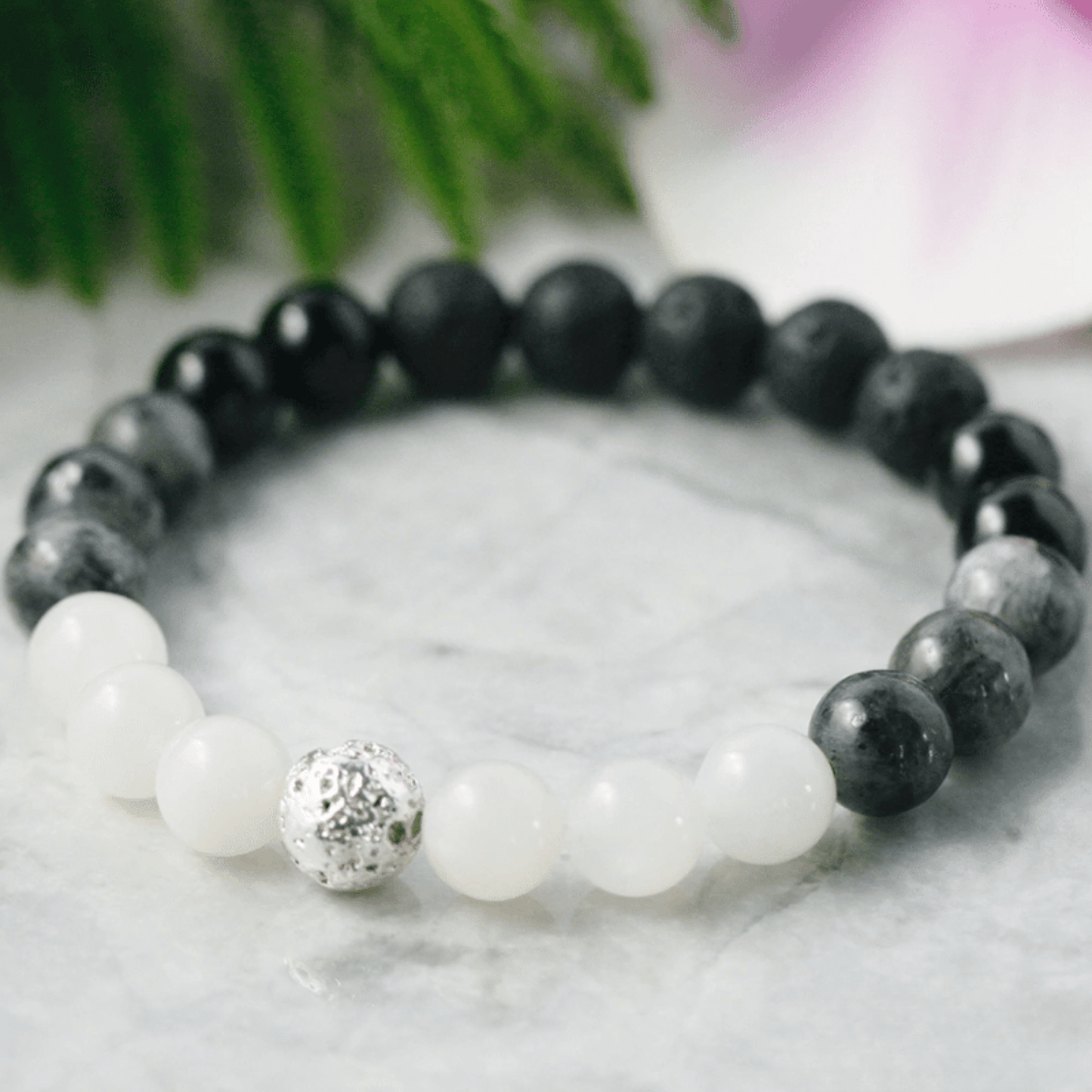 Larvikite, tourmaline, moonstone and lava stone bracelet