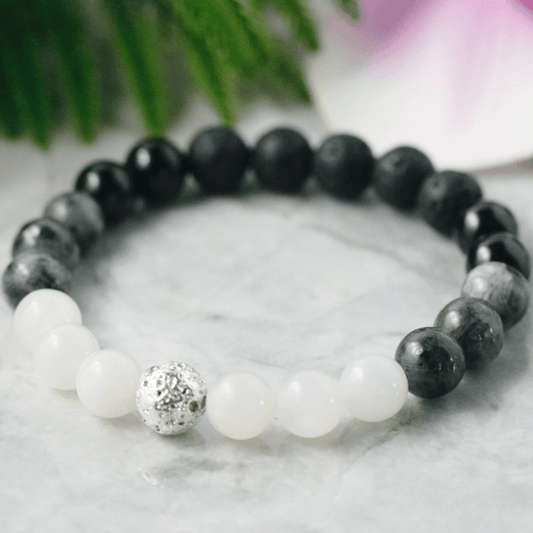 Larvikite, tourmaline, moonstone and lava stone bracelet