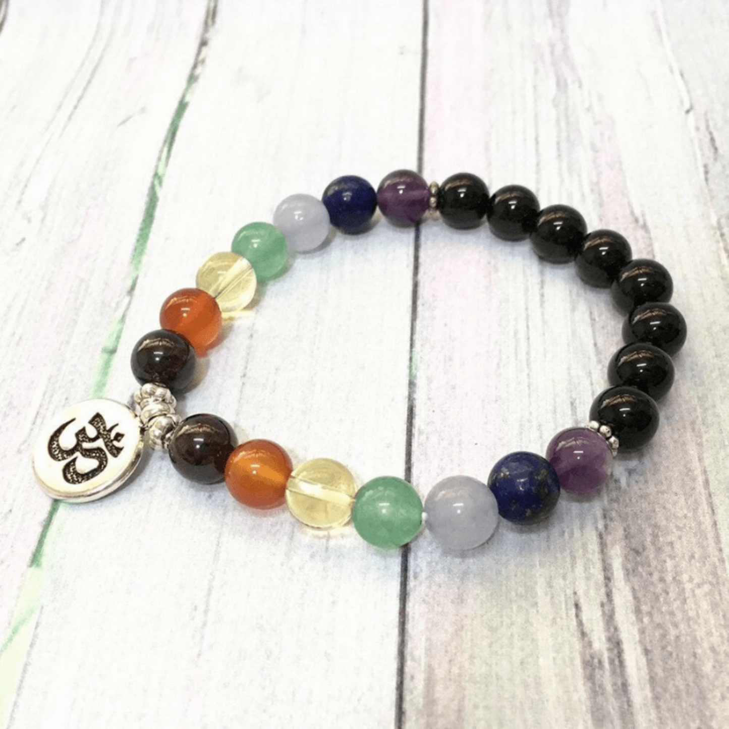 OM 7 chakras bracelet in black tourmaline