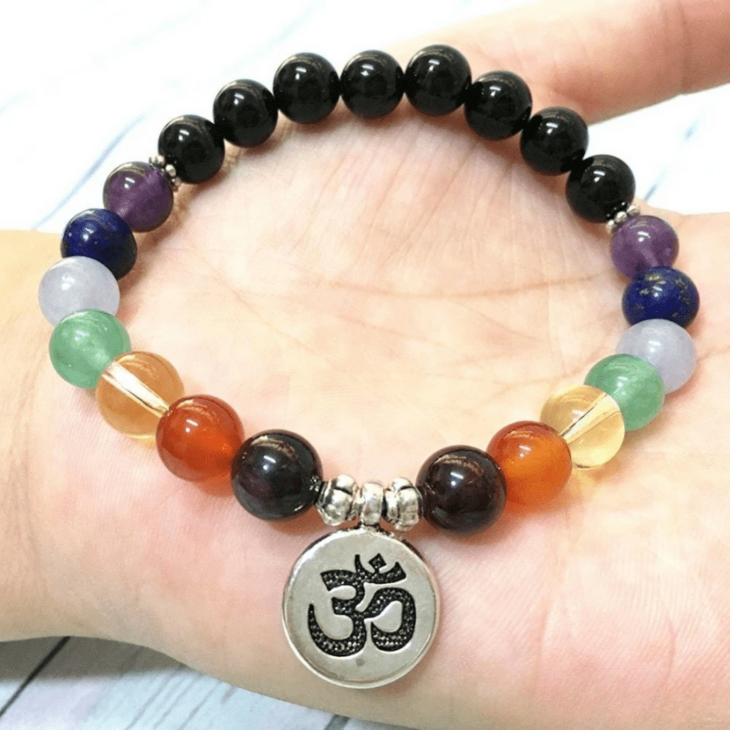 OM 7 chakras bracelet in black tourmaline