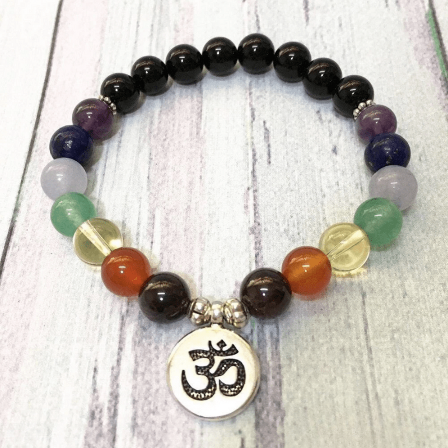 OM 7 chakras bracelet in black tourmaline