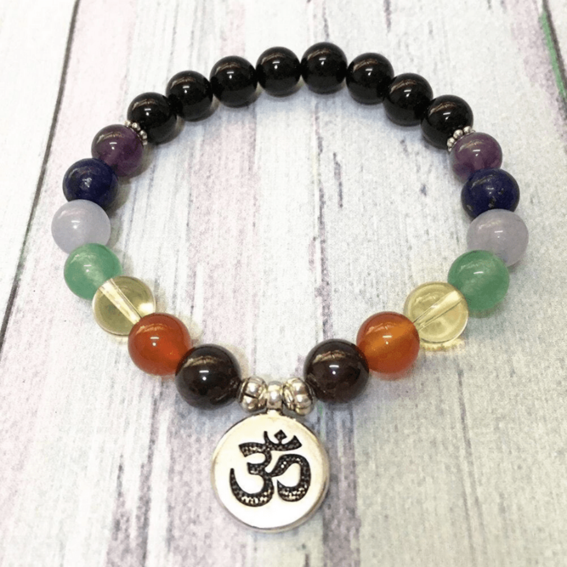 OM 7 chakras bracelet in black tourmaline