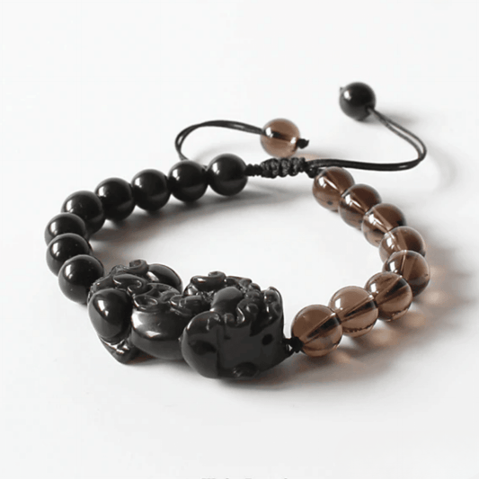 Pixiu Bracelet in Black Obsidian and Smoky Quartz