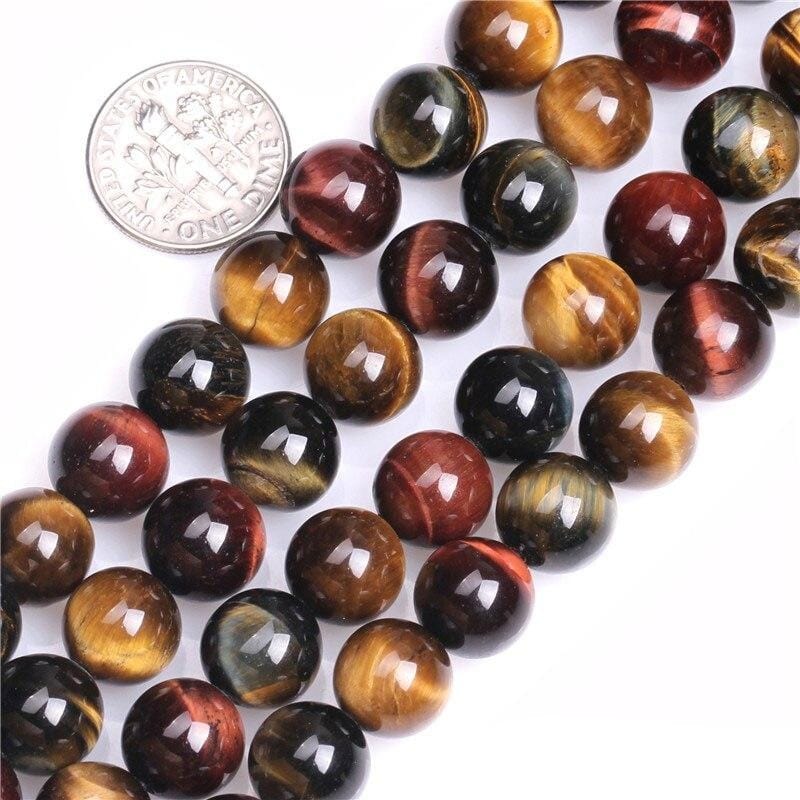 Round tiger’s eye, bull’s eye, and hawk’s eye beads