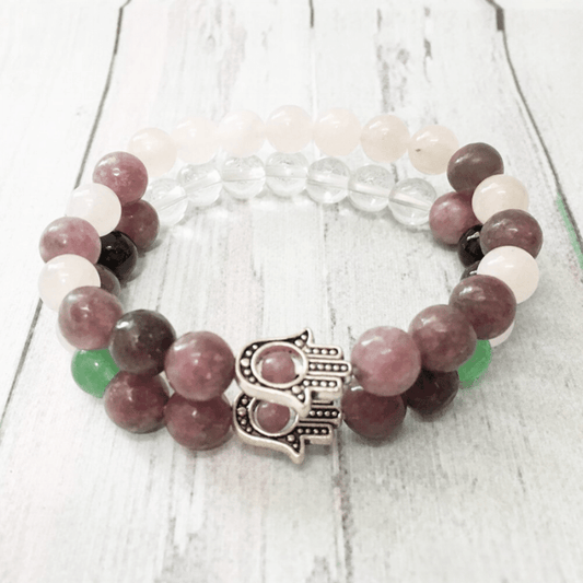 Set bracelets hand of Fatima with lepidolite and rose quartz