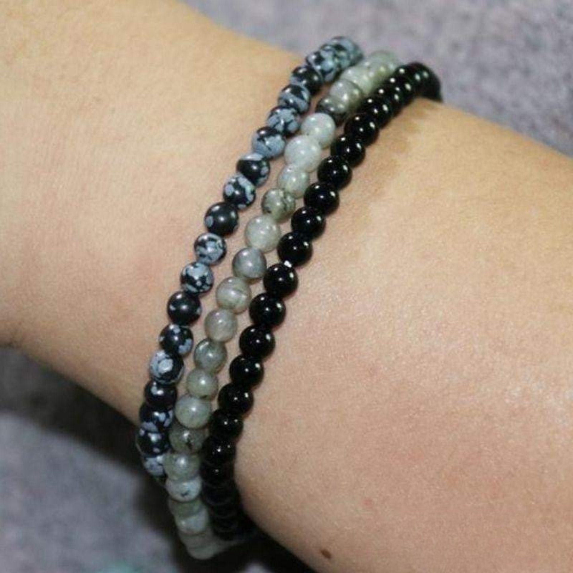 Set of 3 Bracelets in Labradorite, Black Onyx & Snow Obsidian
